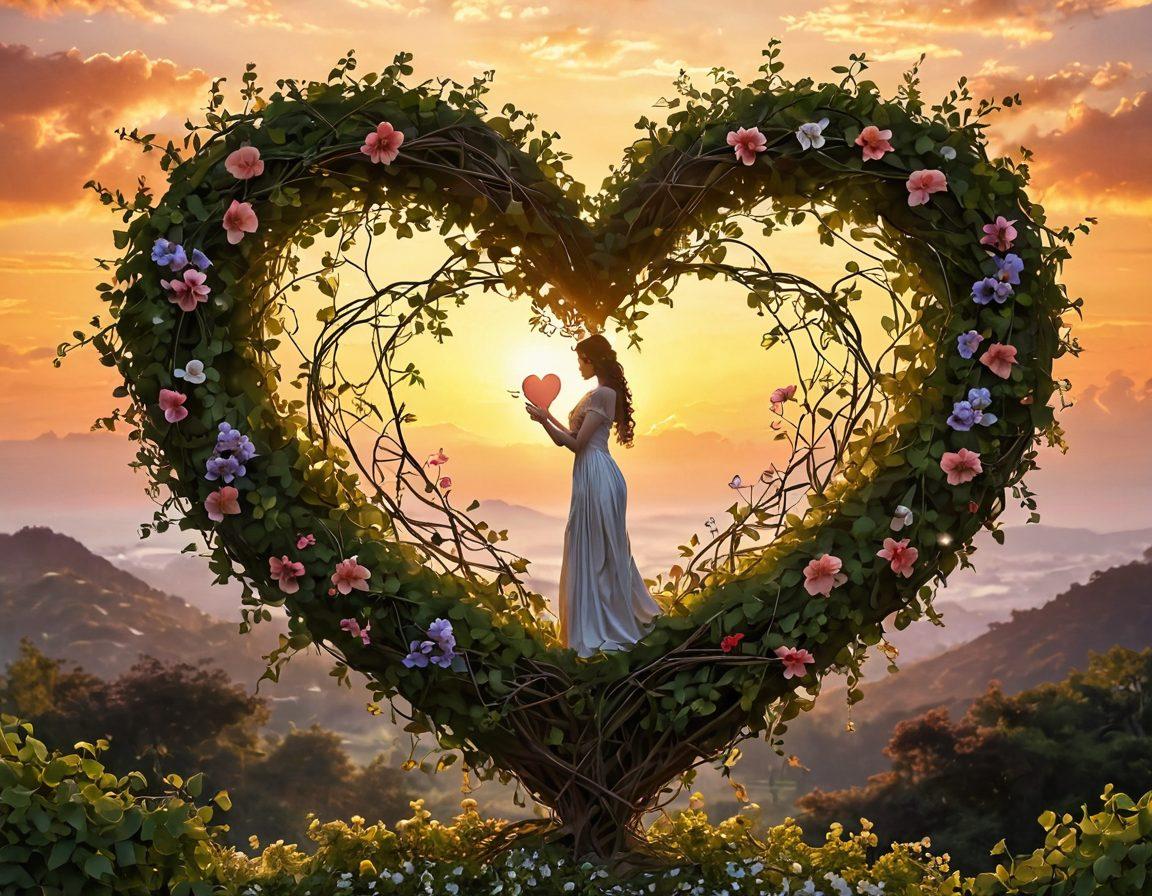 A heart intertwined with strong vines, symbolizing persistent love, surrounded by blooming flowers representing growth in relationships. Soft golden light illuminating the scene to evoke warmth and connection, with a serene background of a sunset to enhance the atmosphere of devotion. super-realistic. vibrant colors. elegant composition.