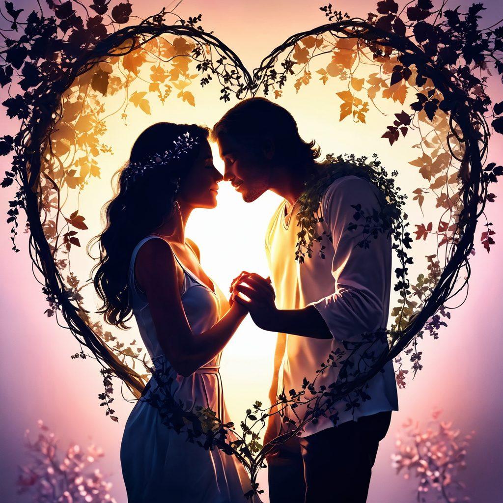 A glowing heart intertwined with vines, symbolizing love and growth, set against a soft, sunlit background. Two silhouettes, a couple, embracing with gentle smiles, surrounded by blooming flowers that represent affection and commitment. Subtle sparkles convey the essence of persistence in relationships. pastel colors. romantic style. soft focus.