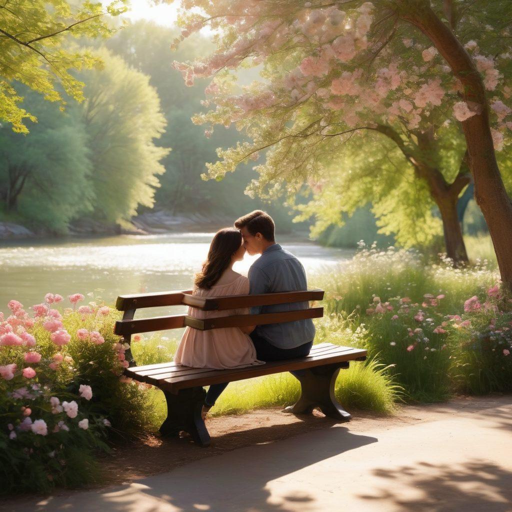 A cozy couple sitting on a park bench, deeply engaged in conversation, surrounded by blooming flowers and warm sunlight filtering through the trees, conveying a sense of intimacy and connection. In the background, a gentle river flows, symbolizing the journey of their relationship. Soft color tones and a serene atmosphere emphasize love and tenacity. super-realistic. vibrant colors. warm light.